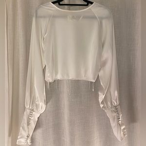 White satin tie back blouse with button oversize sleeves - size M (fits S) - NWT